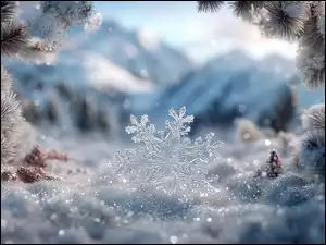 Śnieżynka na śniegu obok oszronionych świerkowych gałązek