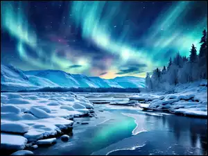 Zima, Rzeka, Grafika AI, Zorza polarna, Góry, Drzewa, Ośnieżone