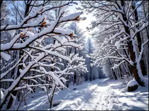 Gałęzie, Śnieg, Grafika AI, Ośnieżone, Las, Drzewa, Droga