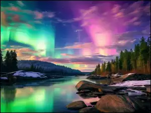 Drzewa, Grafika AI, Głazy, Rzeka, Zorza polarna