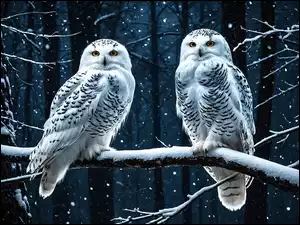 Dwie sowy na ośnieżonej gałęzi w nocnym lesie
