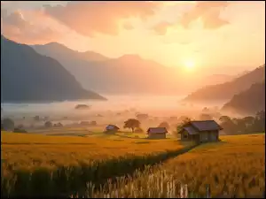 Dolina, Góry, AI, Pola, Drzewa, Mgła, Domy