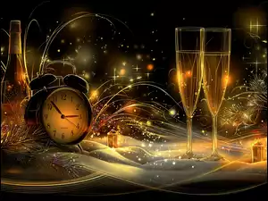 Szampan, Grafika AI, Kieliszki, Zegar, Nowy Rok