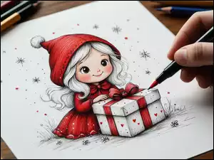 Mała, Rysunek, Czerwone, Prezent, Dziewczynka, Ubranko