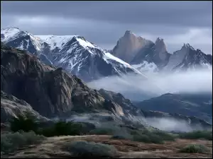 Góry, Grafika AI, Krzewy, Zima, Mgła