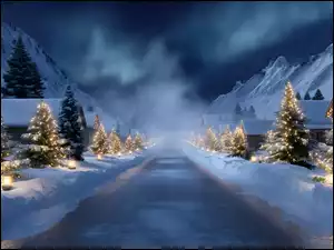 Droga, Choinki, Grafika AI, Zima, Boże Narodzenie, Mgła, Góry