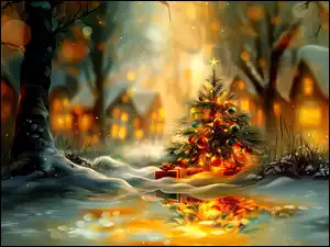 Choinka, Boże Narodzenie, Prezenty, Grafika AI, Domy, Zima