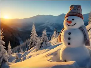 Al, Góry, Szal, Bałwan, Czapka, Słońce, Ośnieżone, Zima, Drzewa