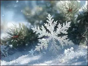 Śnieżynka przy sosnowych gałązkach na śniegu