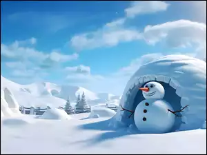 Igloo, Bałwan, AI, Zima, Drzewa, Śnieżne, Zaspy