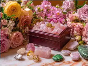 Róże, Kwiaty, Kamienie, Kompozycja, Szkatułka, Biżuteria
