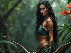 Kobieta, Wojowniczka, Długowłosa, Brunetka, Łuk