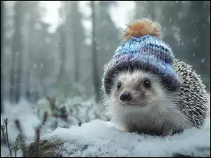 Jeż w czapce na śniegu w lesie