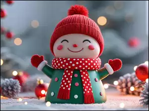 Uśmiechnięta laleczkaw czerwonej czapce i szaliku obok bombek i szyszek na śniegu