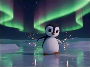 Mały pingwin na lodzie na tle zorzy polarnej