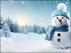 Śnieg, Zima, Niebieska, Szal, Bałwan, Czapka