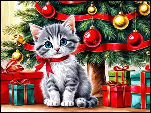 Prezenty pod choinką świąteczną z kolorowymi bombkami i szarym kotkiem w grafice komputerowej