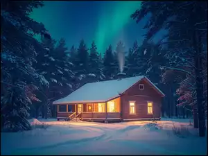 Oświetlony dom na polanie w zimowym lesie nocą z widokiem na zorzę polarną
