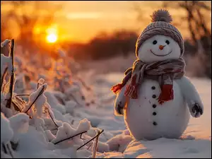 Al, Szal, Zachód słońca, Ośnieżone, Rośliny, Czapka, Zima, Bałwan, Śnieg