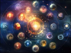 W kosmosieoświetlone znaki zodiaku z kręgami i napisami w garafice komputerowej