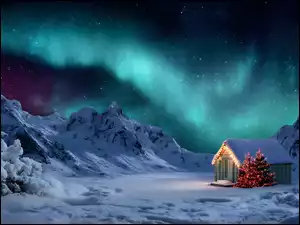 Zima, Góry, Domek, Choinki, Zorza polarna, Drewniany