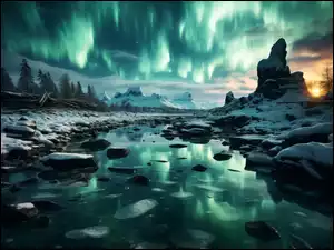 Skały, Rzeka, Zorza polarna, Odbicie, Zima, Zachód słońca