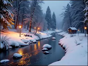 Drzewa, Zima, Las, Śnieg, Rzeka, Domek, Latarnie, Kamienie