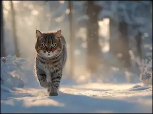 Pręgowany kot idący po śniegu w lesie