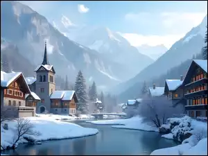 Ośnieżone domy i kościół nad rzekaąw górskim miasteczku zimową porą