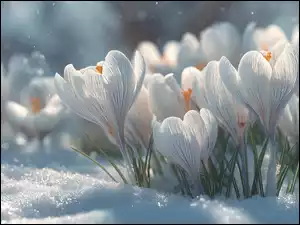 Rozkwitnięte białe krokusy w śniegu