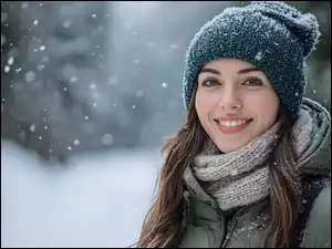 Czapka, Kobieta, Długie, Szal, Uśmiech, Włosy, Kurtka, Szatynka