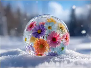 Kwiaty w szklanej kuli na śniegu