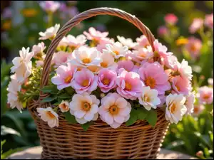 Ogród, Kwiaty, Różowe, Kosz