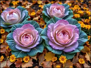 Żółte, AI, Kwiaty, Kapusta ozdobna, Liście