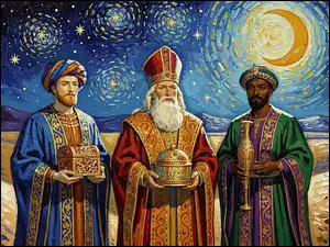 Księżyc, Mężczyźni, Dary, Noc, Trzej Królowie, Gwiazdy, Grafika Religijna, Mędrcy