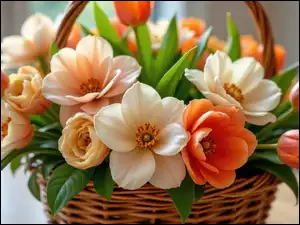 Kremowe kamelie i pomarańczowe tulipany w wiklinowym koszyku w pokoju