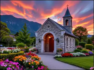 Kolorowe kwiatyw ogrodzie przed kościółkiem pod niebem zachodzącego słońca