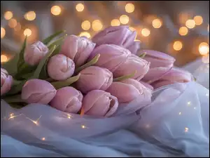 Różowe tulipany i światełka na tiulu