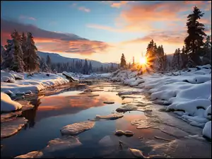 Śnieg, Zachód słońca, Rzeka, Zima, Drzewa