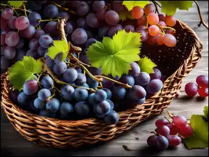Winogrona, Koszyk, Fioletowe, Różowe, Listki