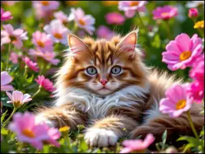 Różowe, Kot, Puszysty, Kwiaty