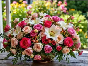 Róże, Kwiaty, Bukiet, Okno, Lilie, Stół