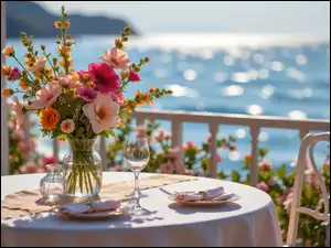 Taras, Grafika AI, Stół, Bukiet kwiatów, Morze