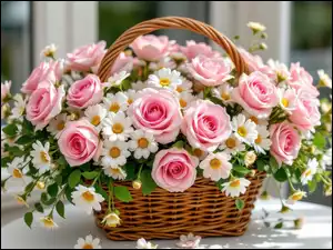 Bukiet, Kwiaty, Białe, Koszyk, Różowe, Stokrotki, Stolik, Róże