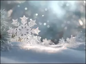 Rozświetlona śnieżynka na śniegu obok iglastych gałązek jodły