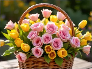 Tulipany, Różowe, Kwiaty, Żółte, Koszyk, Wiklinowy, Róże