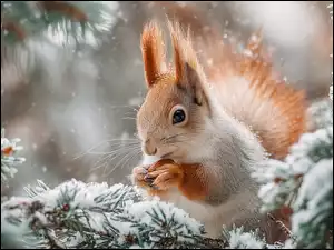 Wiewiórka z orzeszkiem w łapkach na ośnieżonej sośnie
