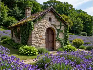 Lawenda, Drzewa, Pole, Dom, Rośliny