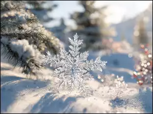 Rozświetlone słonecznym blaskiem śnieżynka na śniegu obok iglastych gałązek