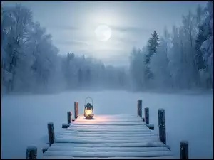 Księżyc, Drzewa, Śnieg, Ośnieżone, Pomost, Zima, Zaśnieżone, Latarnia, Jezioro, Mgła